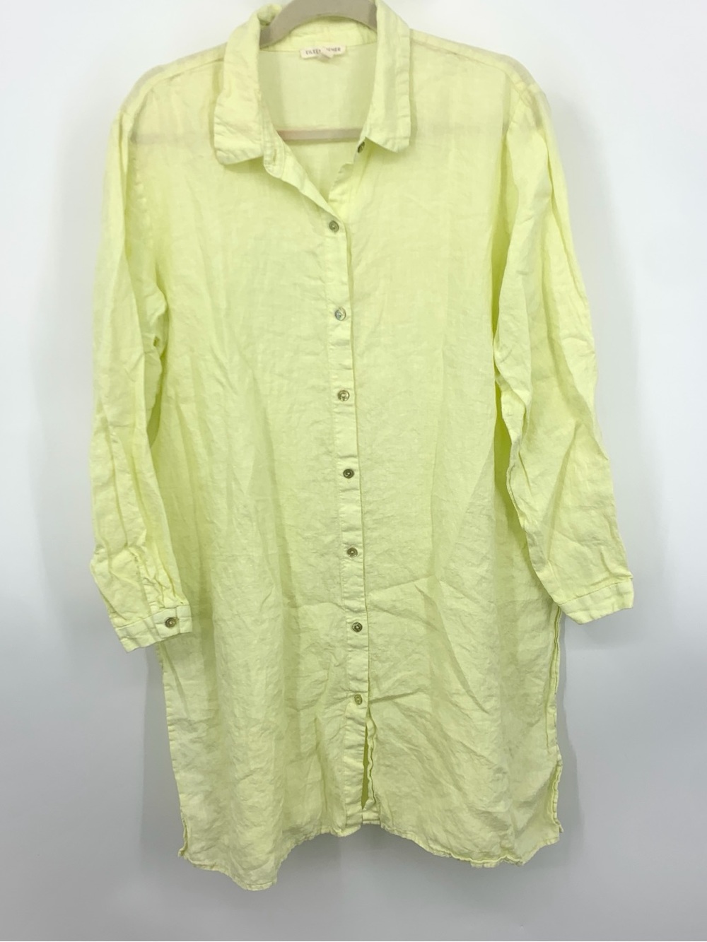 Eileen Fisher Women Size Large Shirt Yellow Linen Button Down Tunic Top Cover Up